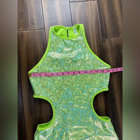 Lucy in the Sky size S Neon Shimmering Green Bodycon Mini Cut Out Dress - Picture 2 of 6